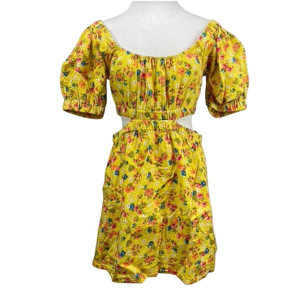 BILLABONG Womens‎ Dress (L) Yellow Floral Puff Sleeve Cut Out Mini Surfer Skate - Picture 1 of 8